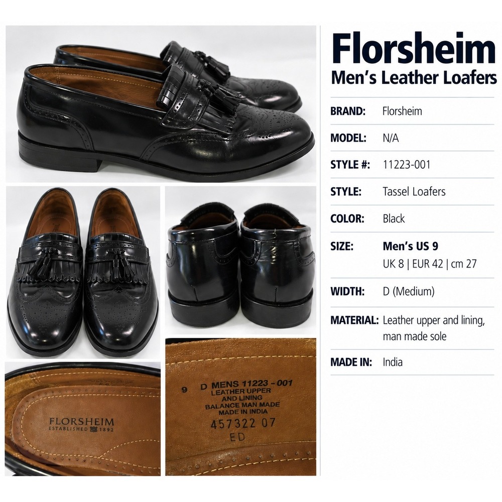 Florsheim Mens Black Leather Tassel Kiltie Wingtip Loafers 11223-001 Size 9 D